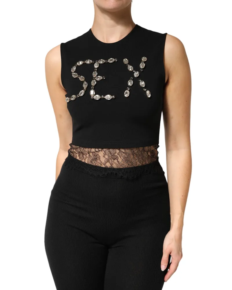 Dolce & Gabbana Women's Black Jersey Lace Ruching Rhinestone Tank Top Co+05+pa+vi Black