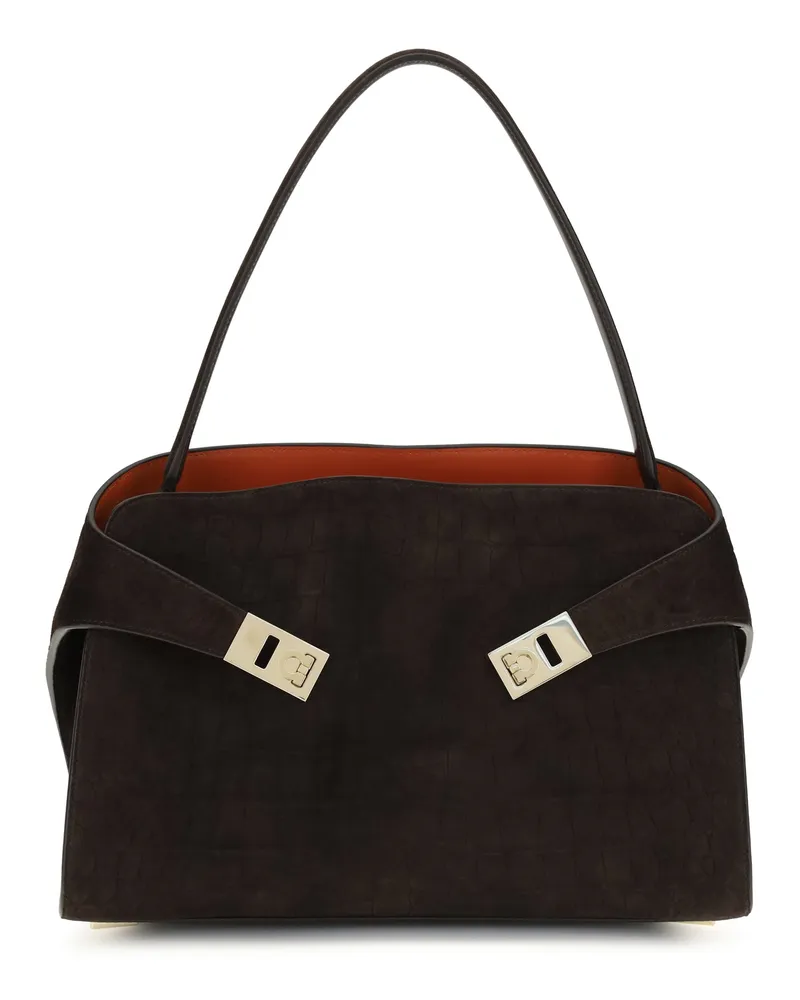 Ferragamo Women's Shoulder Bag Hug Soft Dark Brown Suede Patterned Calf Leather Brown
