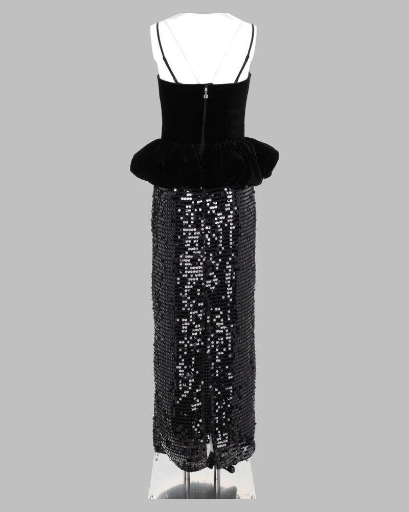 ROTATE Birger Christensen Sequin Peplum Maxi Dress — Black Black
