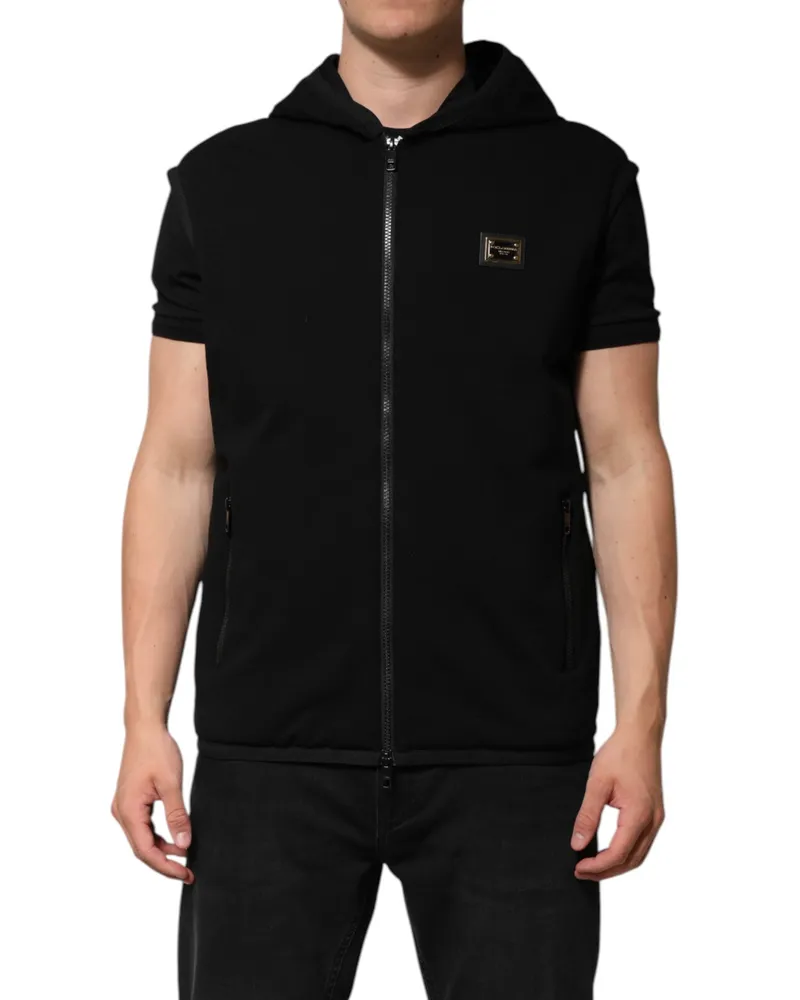 Dolce & Gabbana Men's Black Sleeveless Hooded Logo Plaque Jacket Clothing Black