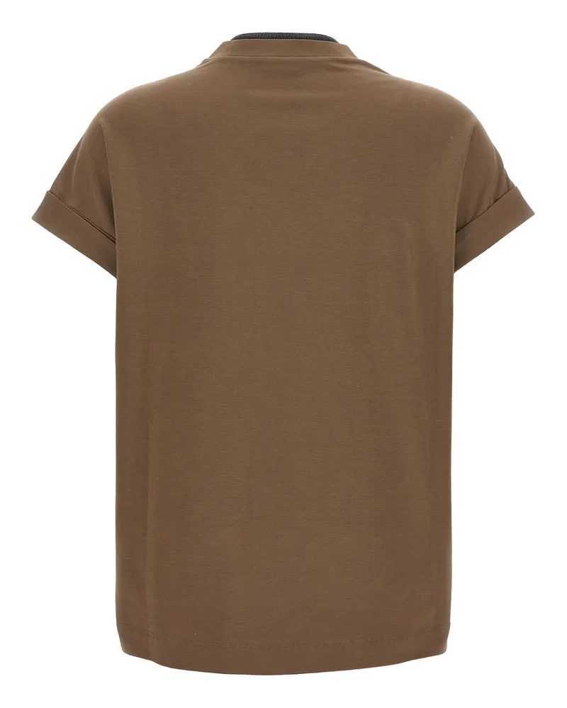Brunello Cucinelli Monile V-Neck Cotton T-shirt — Taupe Taupe