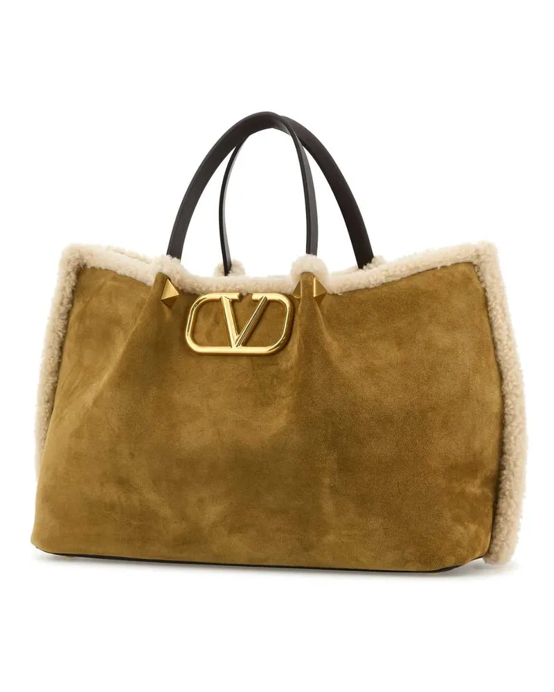 Valentino Garavani Women's Mustard Suede Vlogo Signature Shopping Bag Havanabeigeburrooakbrown Borse A Mano Brown