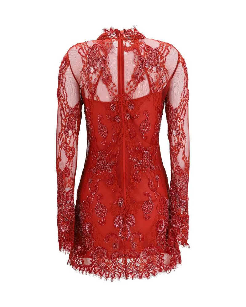 Blumarine Beaded Lace Embroidery Mini Dress — Red Red