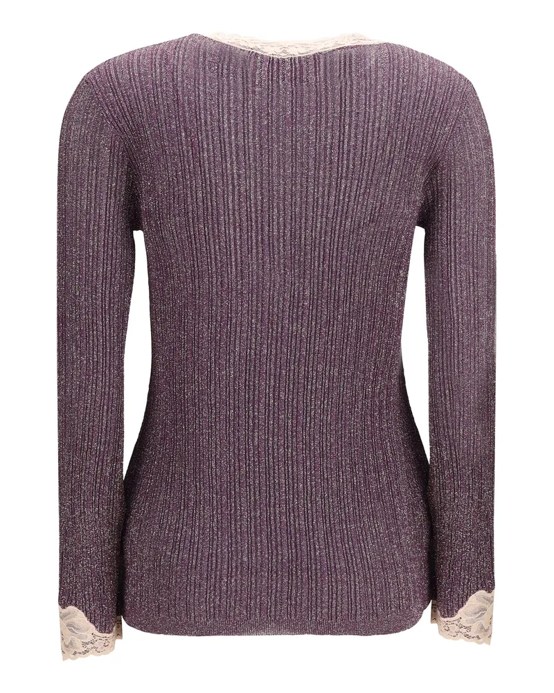 Valentino Garavani Women's Lurex Knit Cardigan With Lace Aubergine-Gold Viscose; Other Fibres Aubergine/gold Sweater Purple