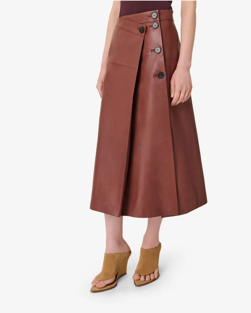 IRO Leather Button-Front A-Line Skirt — Brown Brown