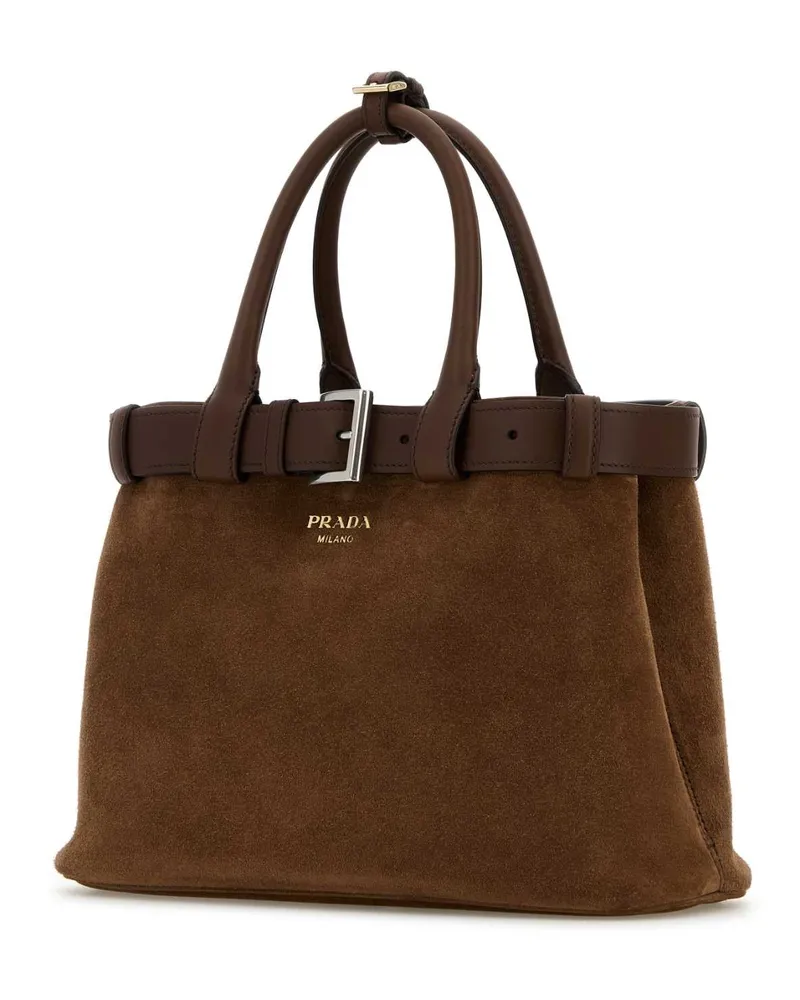 Prada Women's Brown Suede  Buckle Medium Handbag Cacao Vitello Borse A Mano Bag Brown