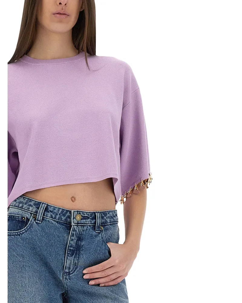 Paco Rabanne Silk-Blend Knit Crop T-Shirt — Purple Purple