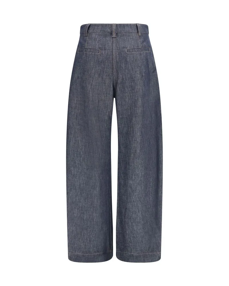 Brunello Cucinelli High-Waisted Pleated Denim Trousers — Blue Blue