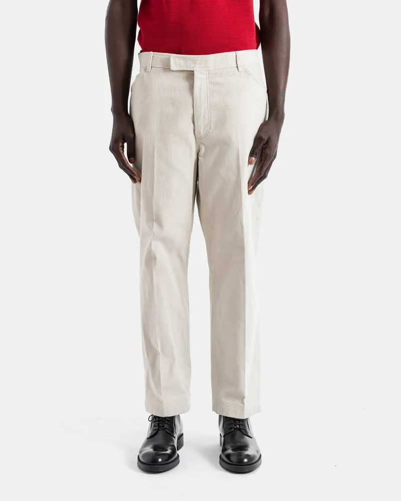 Thom Browne Men's Tapered Fine-Ribbed Corduroy Sand Beige High-Waisted Chino With Backstrap White Trousers White