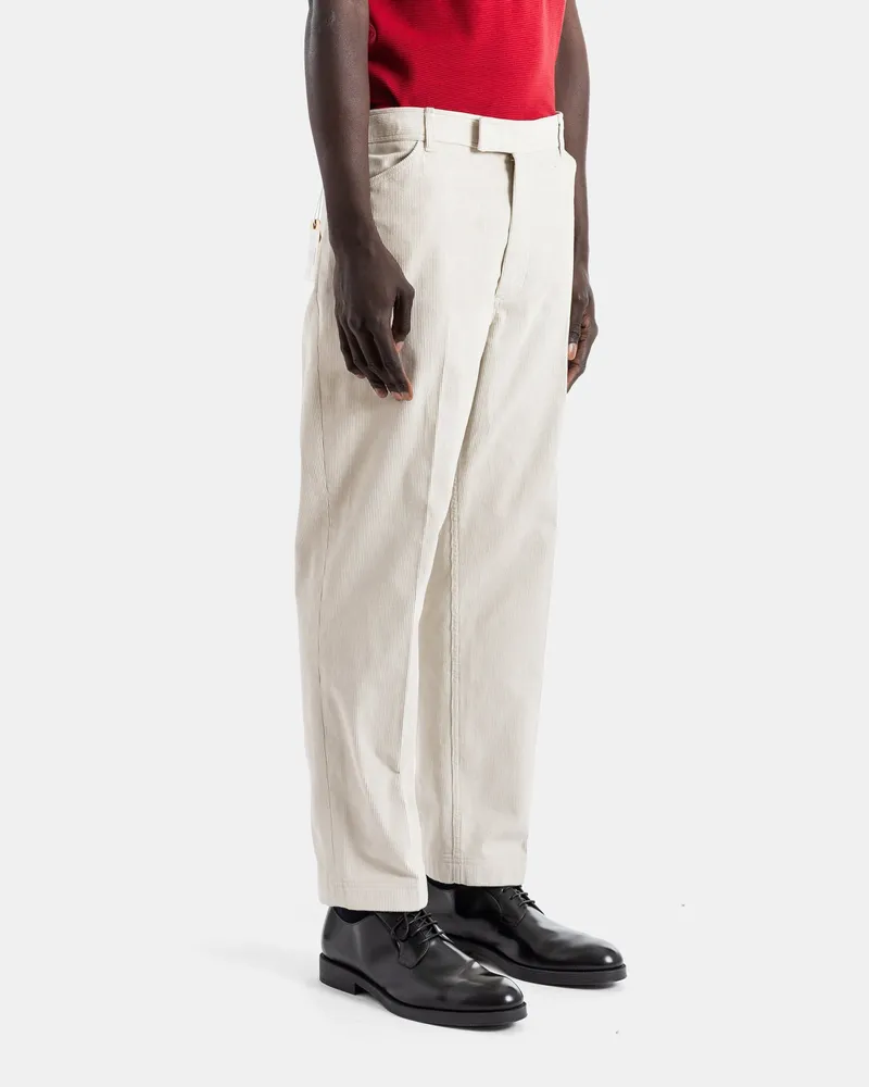 Thom Browne Men's Tapered Fine-Ribbed Corduroy Sand Beige High-Waisted Chino With Backstrap White Trousers White