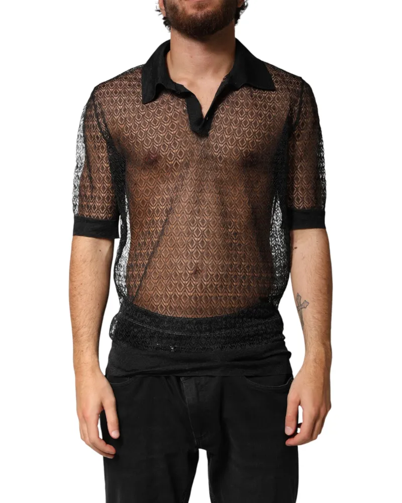 Dolce & Gabbana Sheer Knit Polo — Black Black