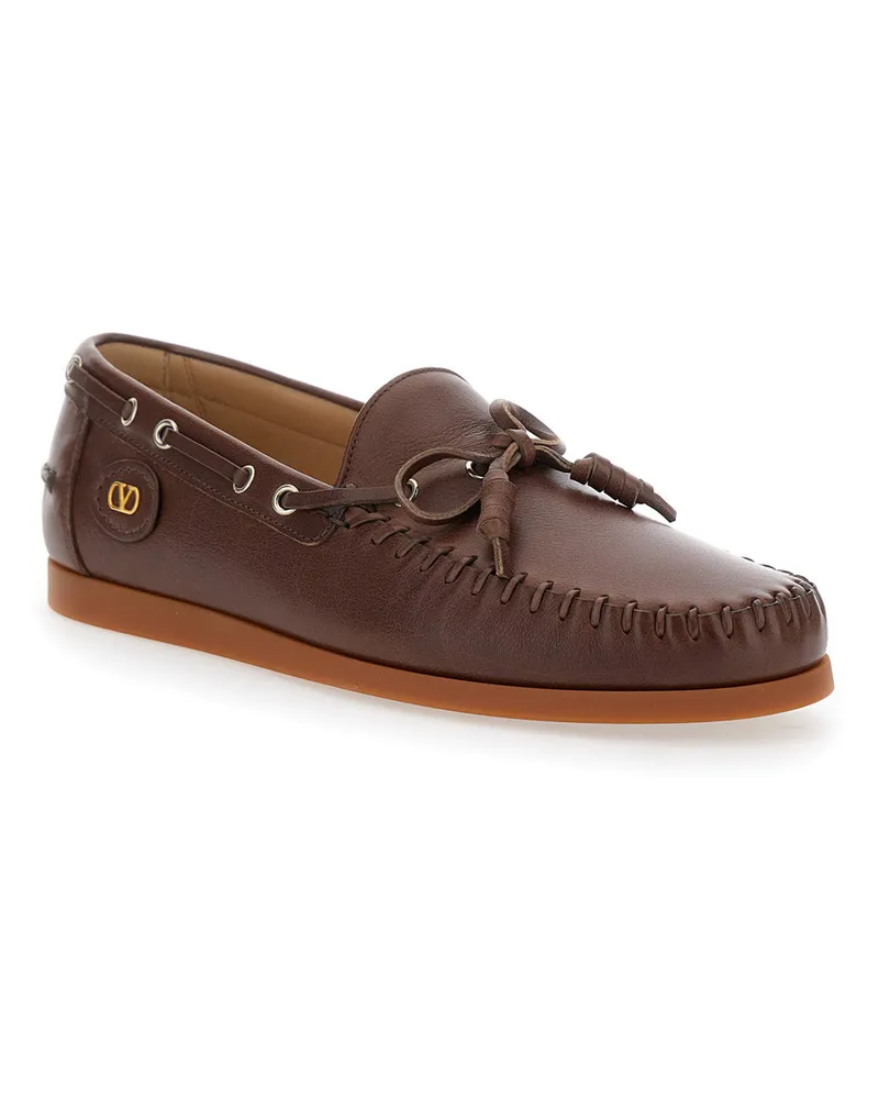 Valentino Garavani Men's Brown Leather Loafers With Vlogo Patch Buffalo Brown