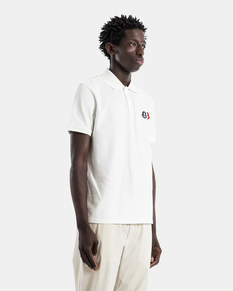 Moncler Men's Ivory White Cotton Piqué Polo Shirt With Double Chest Tricolor Logo Patch T-Shirts And Polos White