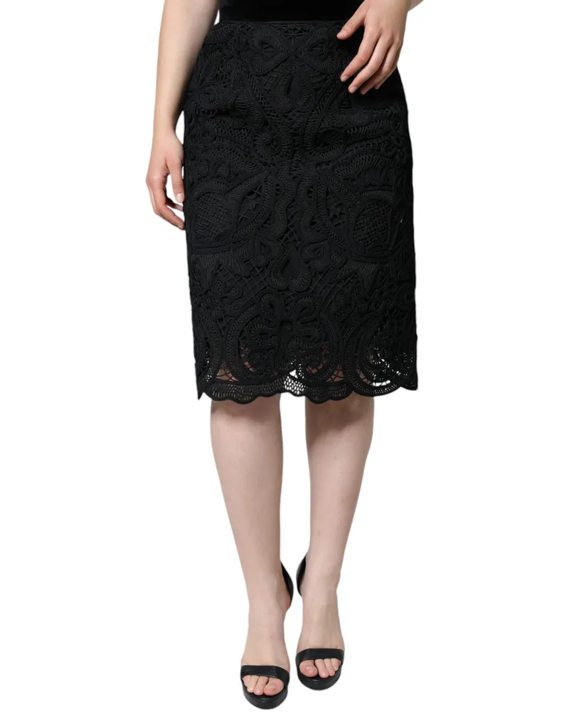 Dolce & Gabbana Women Black Floral Lace Highwaist Pencil Cut Skirt Polyester Viscose Cotton Black