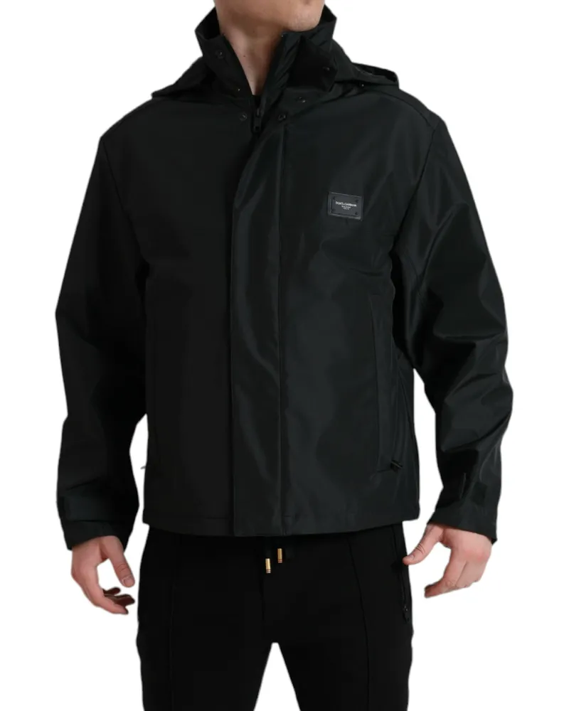 Dolce & Gabbana Men's Black Polyester Logo Plaque Hooded Jacket Clothing Black