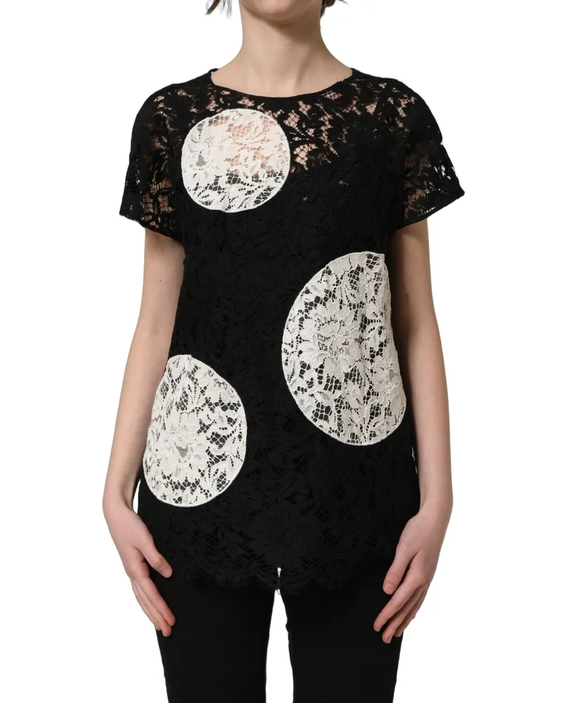 Dolce & Gabbana Women's Black White Floral Lace Short Sleeve Blouse Top Black