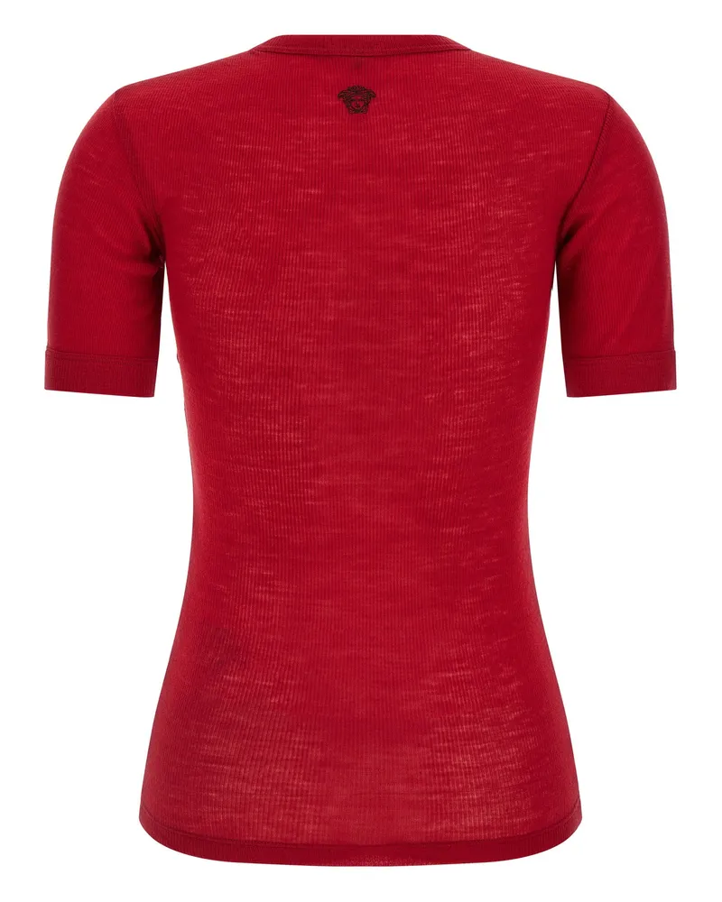 Versace Logo-Embroidered Virgin Wool T-shirt — Red Red