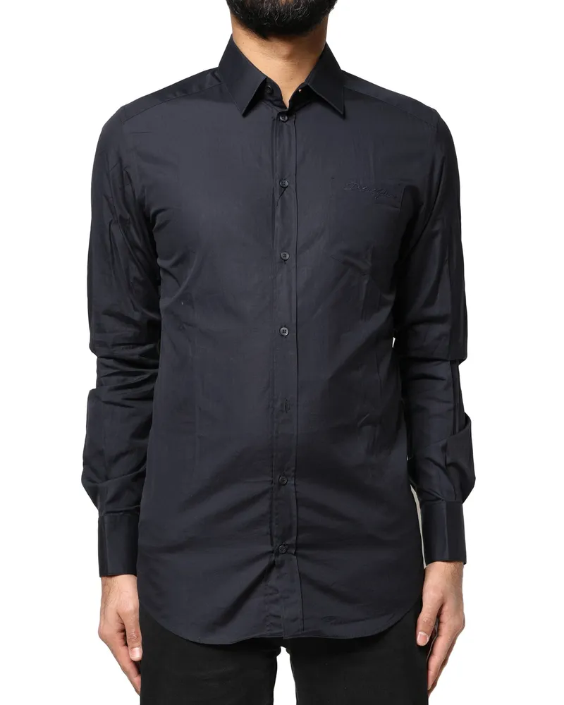 Dolce & Gabbana Men's Dark Blue Gold Cotton Long Sleeves Dress Shirt Navy