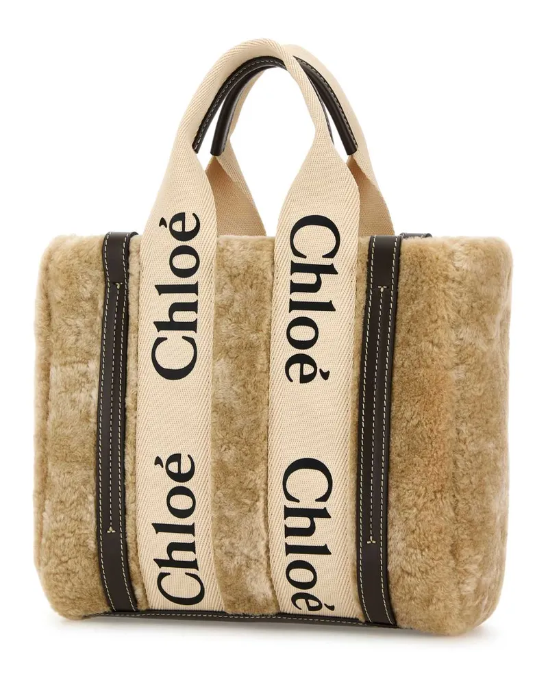 Chloé Women's Beige Shearling Small Woody Shopping Bag Summerybeige Borse A Mano Beige