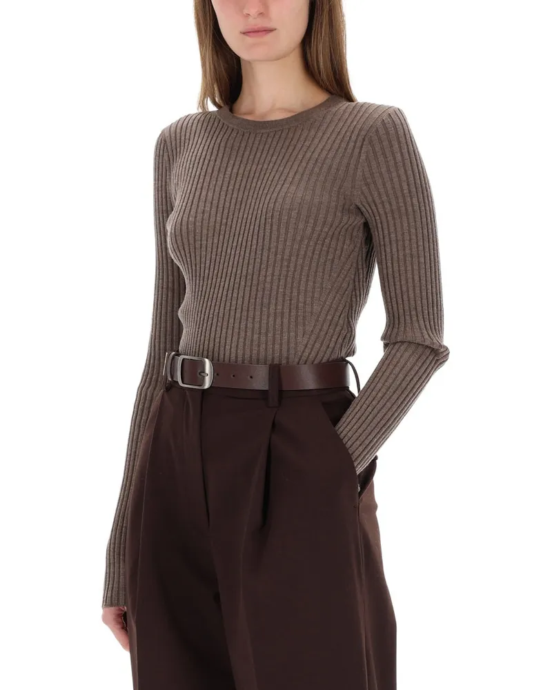 Helmut Lang Ribbed Wool Open Back Blouse — Brown Brown