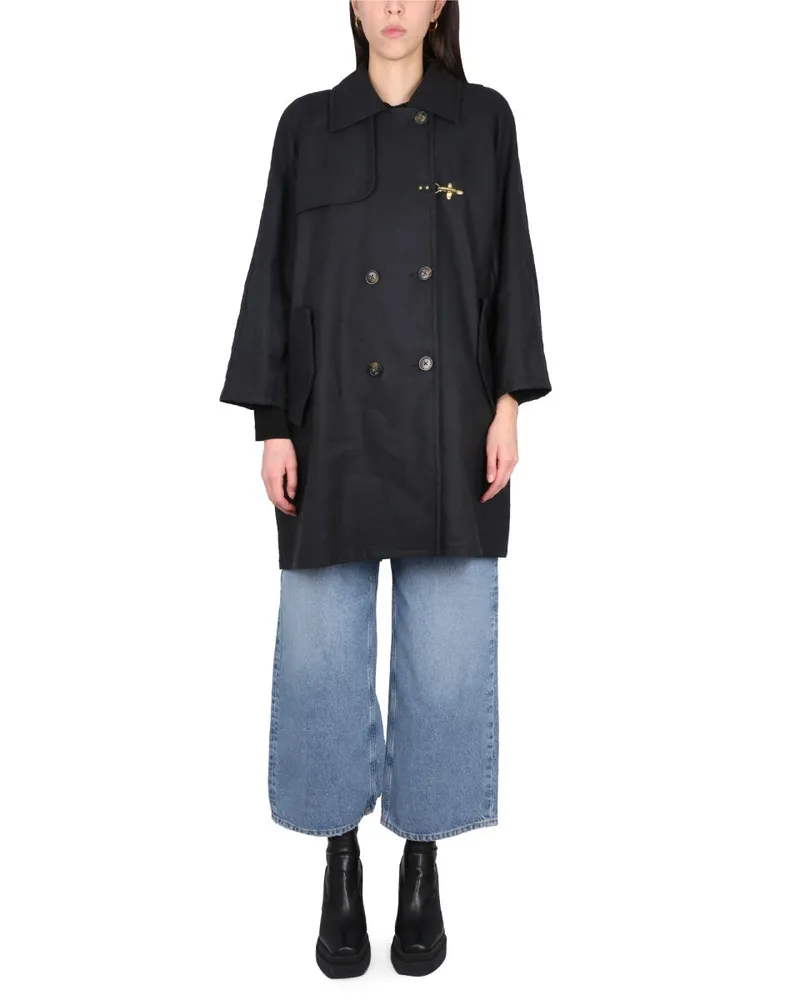Fay Double-Breasted Cotton-Linen Trench Coat — Black Black