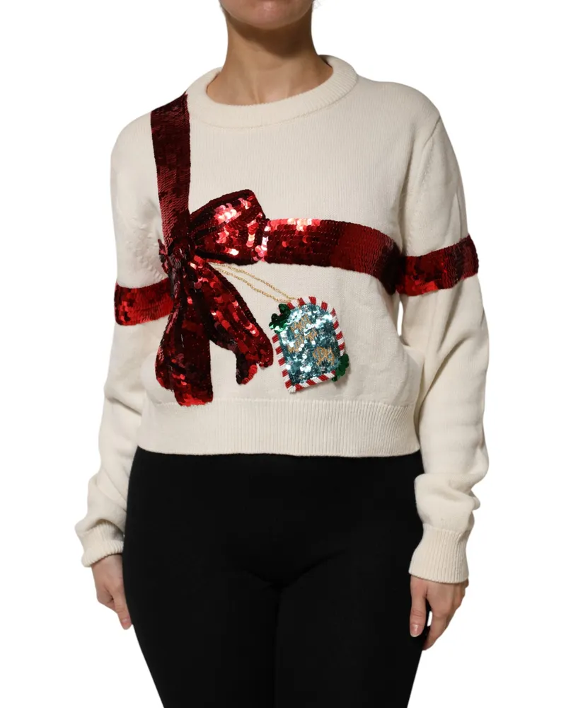 Dolce & Gabbana Women's White Sequined Crew Neck Pullover Sweater And Red Cashmere Clothing White