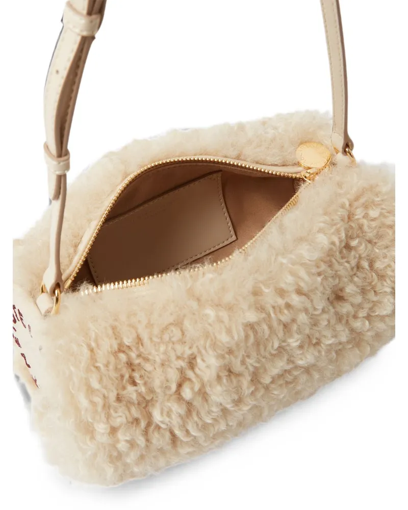 Stella McCartney Faux-Shearling Logo Pouch Shoulder Bag — Beige Beige