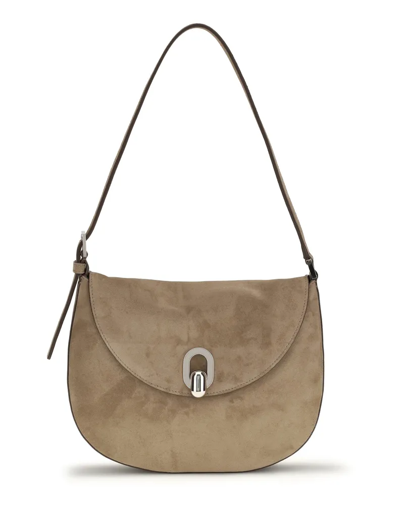 SAVETTE Women's Hobo Shoulder Bag Taupe Calf Leather Taupe