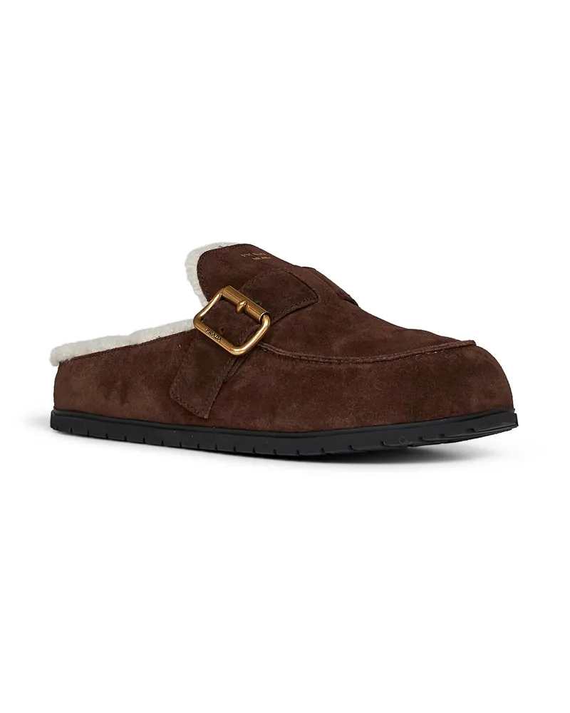 Prada Women's Mules Dark Brown Suede & Shearling Calf Leather Sandal Brown