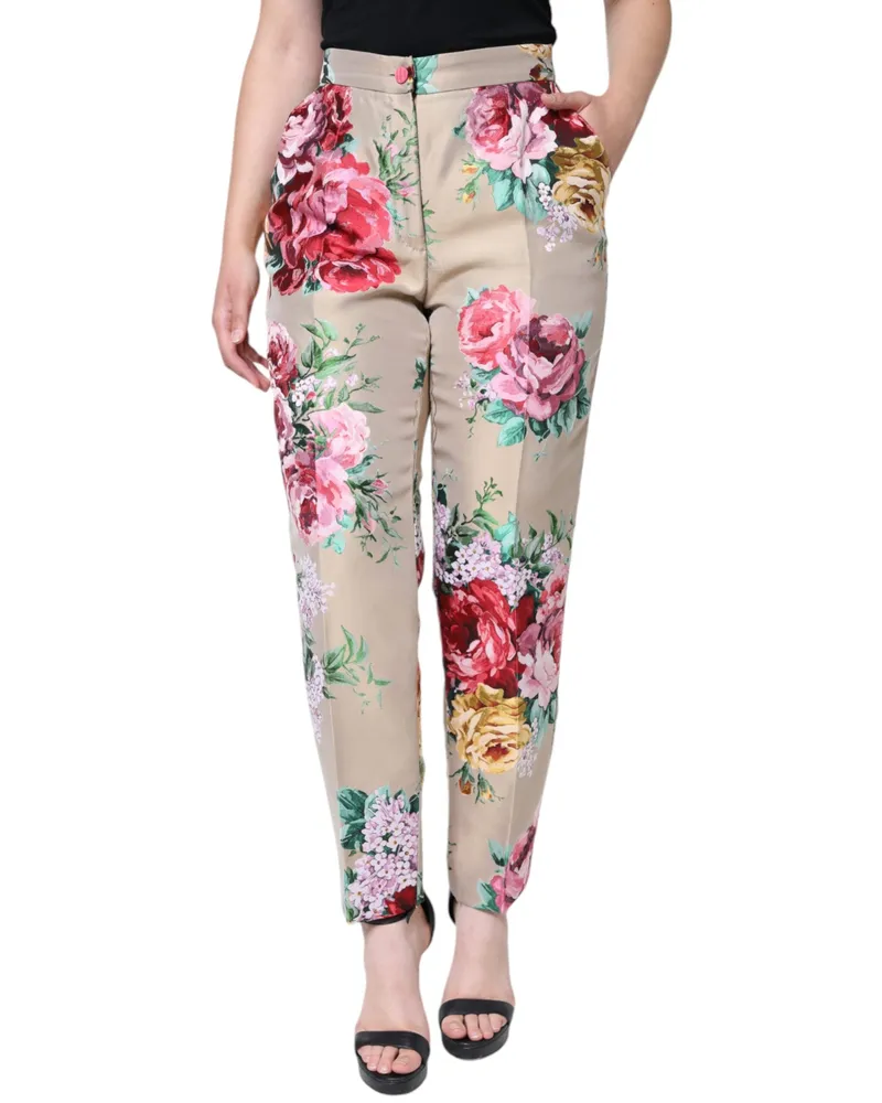 Dolce & Gabbana Women's Beige Floral Jacquard High Waist Tapered Pants Polyester Silk Beige