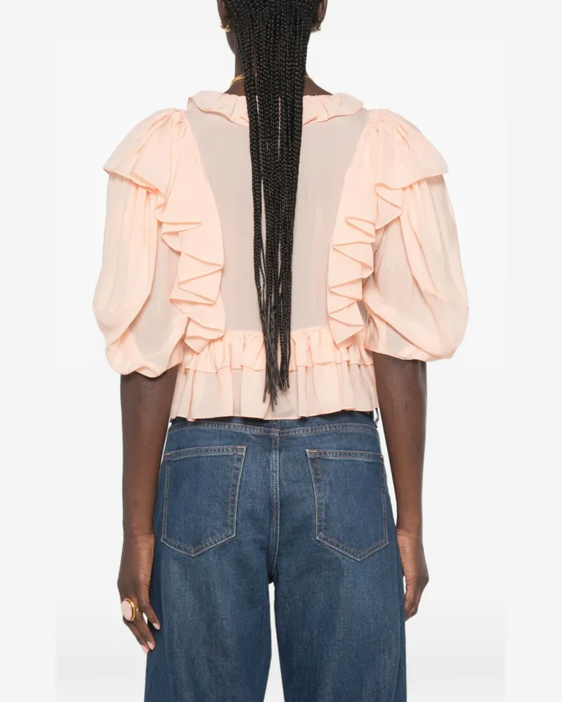 Chloé Ruffled V-Neck Puff Sleeve Blouse — Peach Peach