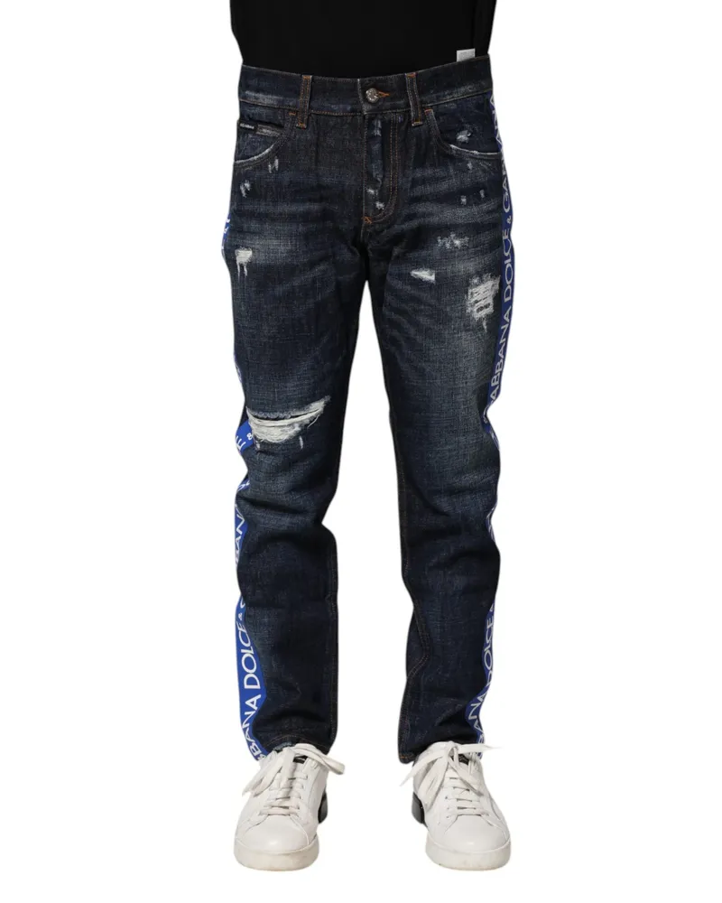 Dolce & Gabbana Men's Dark Blue Tattered Skinny Denim Jeans Cotton Elastane Clothing Navy