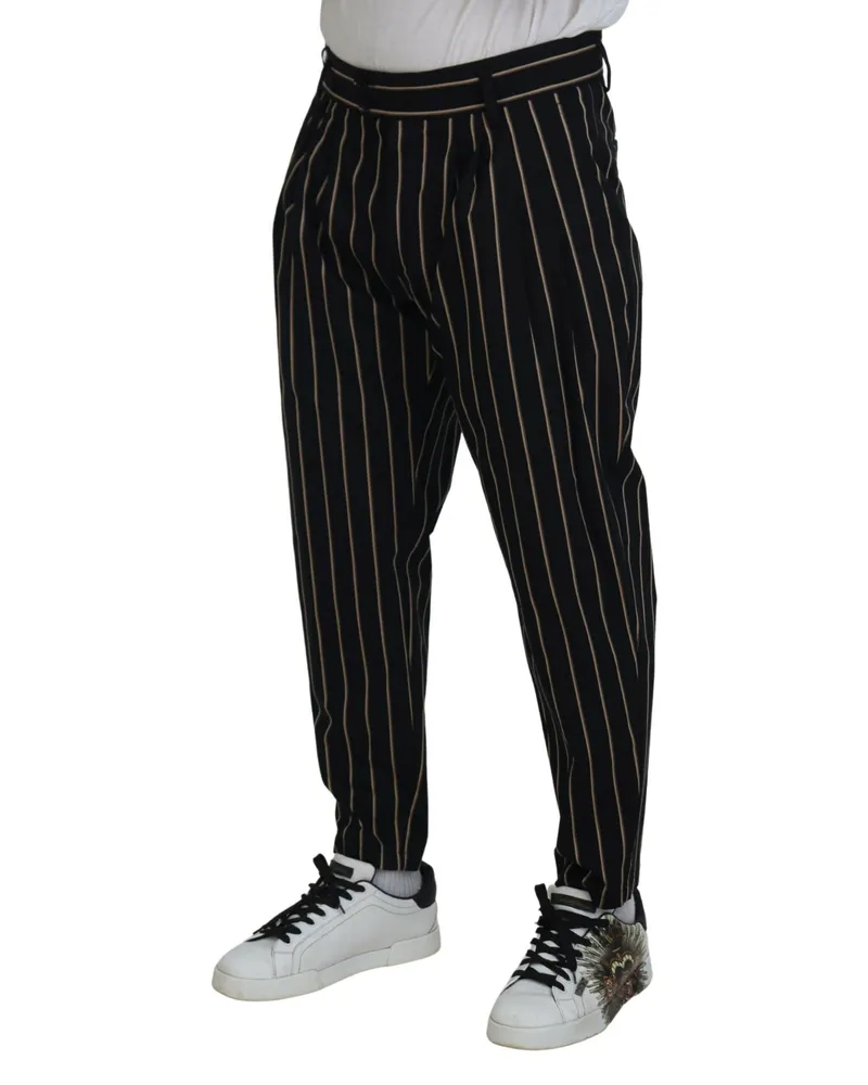 Dolce & Gabbana Men Black Beige Striped Cotton Stretch Pants Black