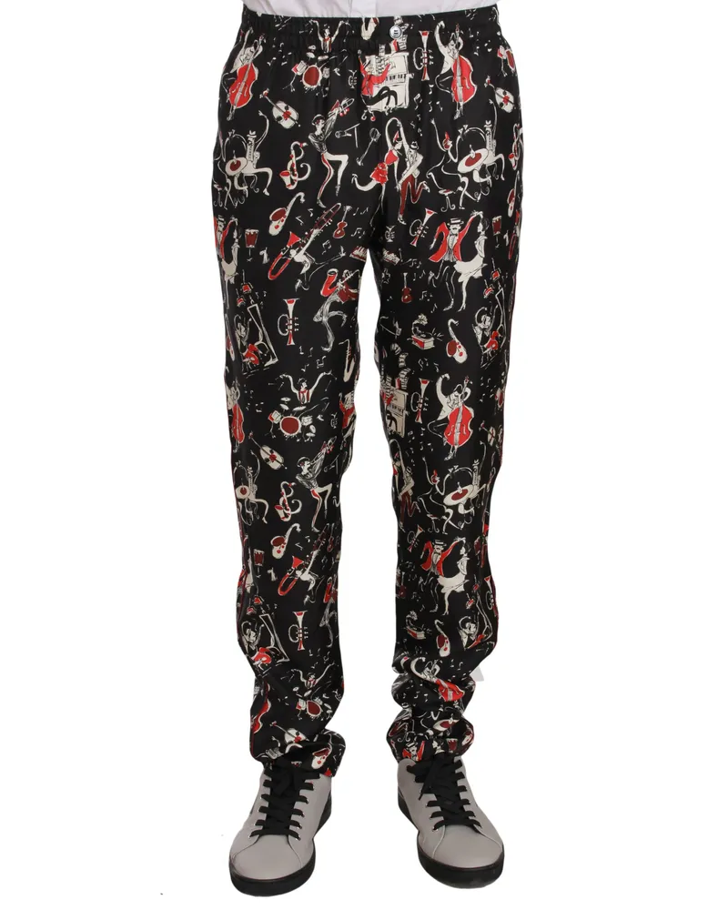 Dolce & Gabbana Men's Red Musical Instrument Print Sleepwear Pants Silk Black