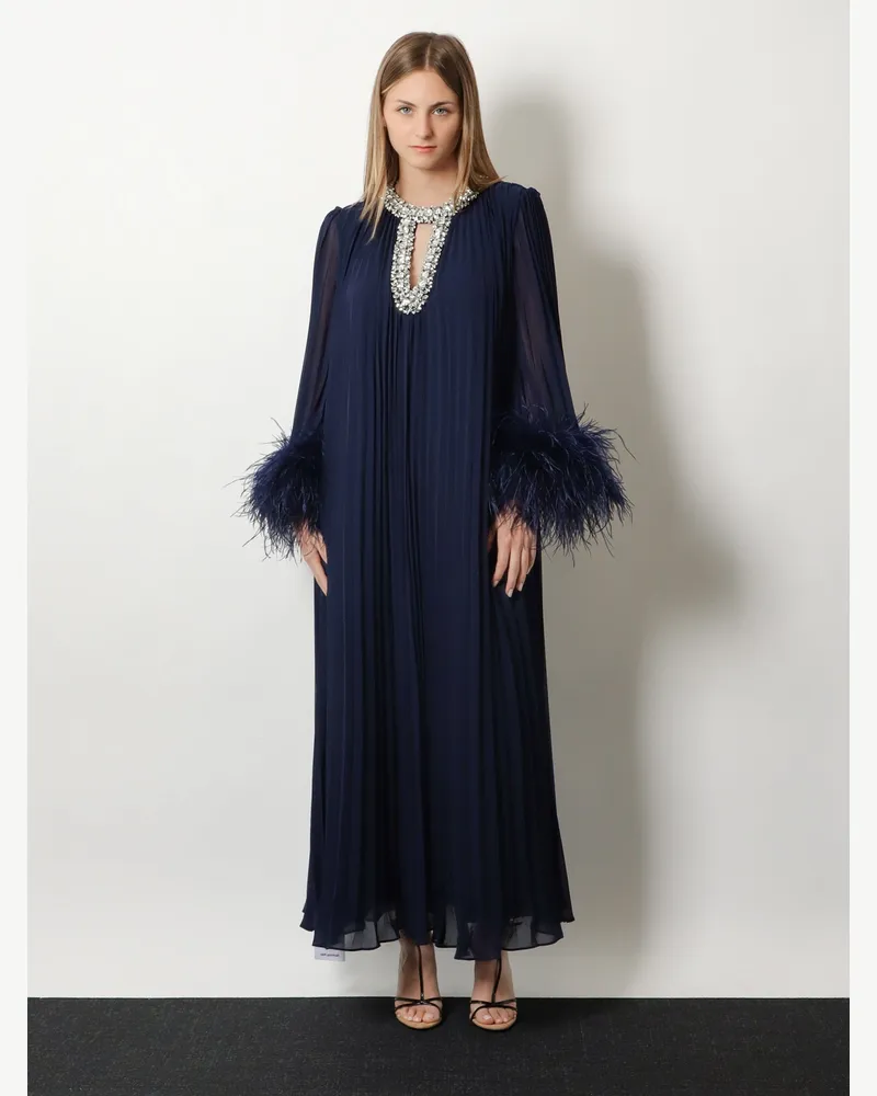 Self-Portrait Women's Chiffon Long Dress With Ostrich Feathers Blue Polyester Blue