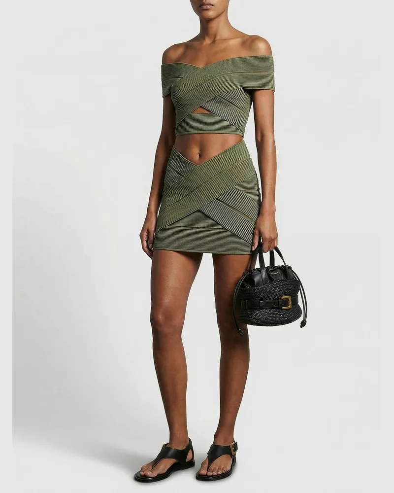 Balmain Off-the-Shoulder Crop Blouse — Green Green