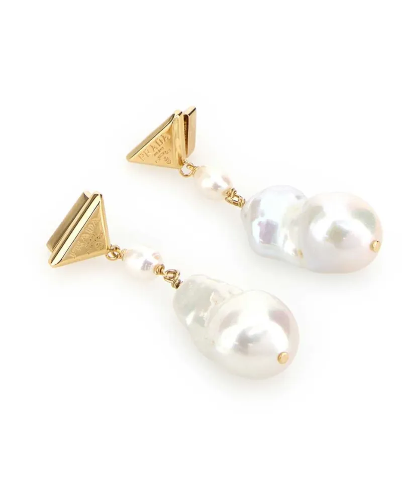 Prada Pearl and Metal Drop Earrings — Gold Gold