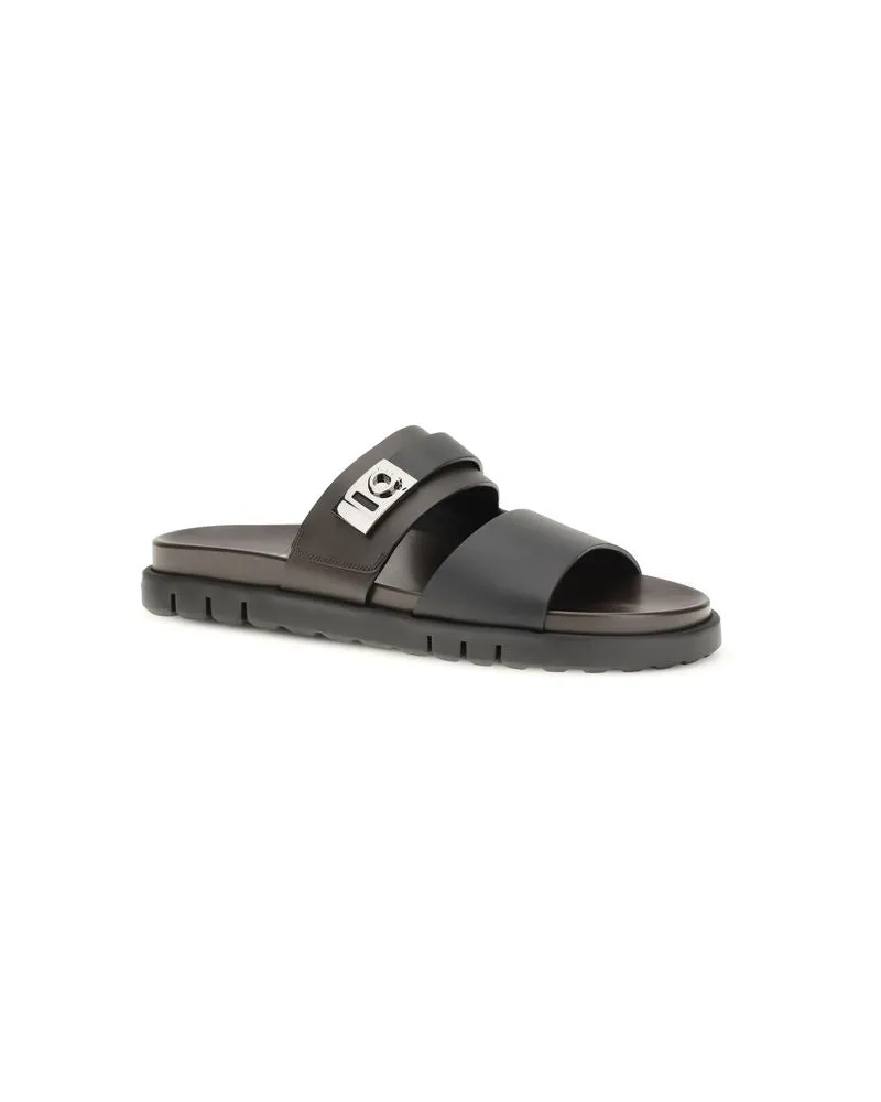 Ferragamo Men's Black Calf Leather Bos Taurus Flat Sandals Black