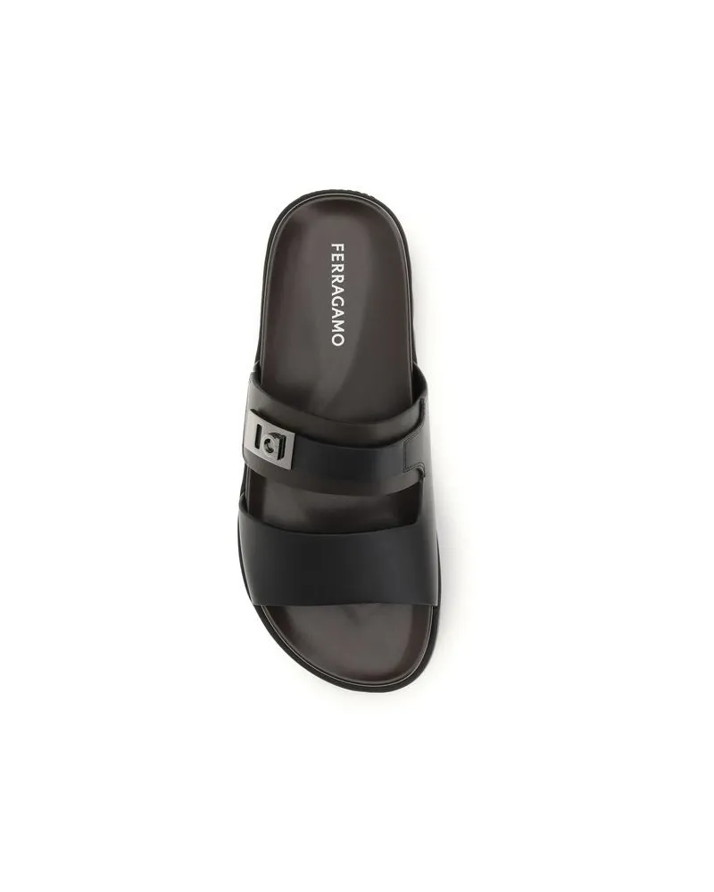 Ferragamo Men's Black Calf Leather Bos Taurus Flat Sandals Black