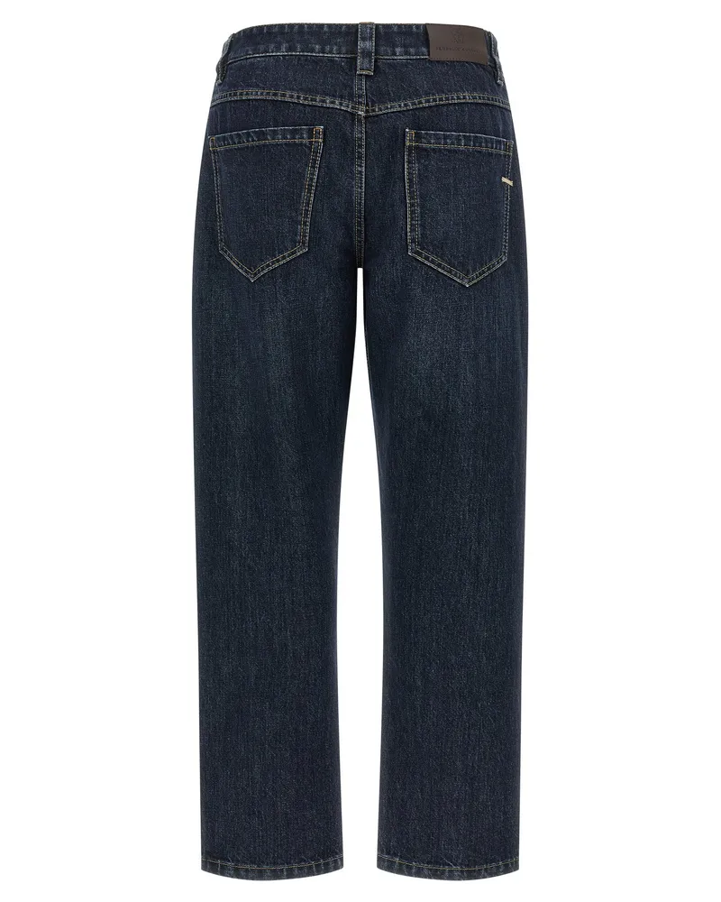 Brunello Cucinelli Contrast-Stitched Denim Jeans — Navy Navy