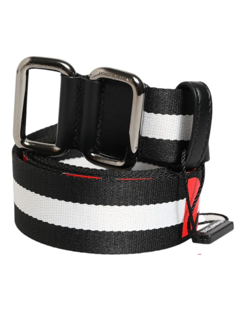 Dolce & Gabbana Men's Black White Striped Logo Metal Buckle Belt And Nylon Calf Leather Black
