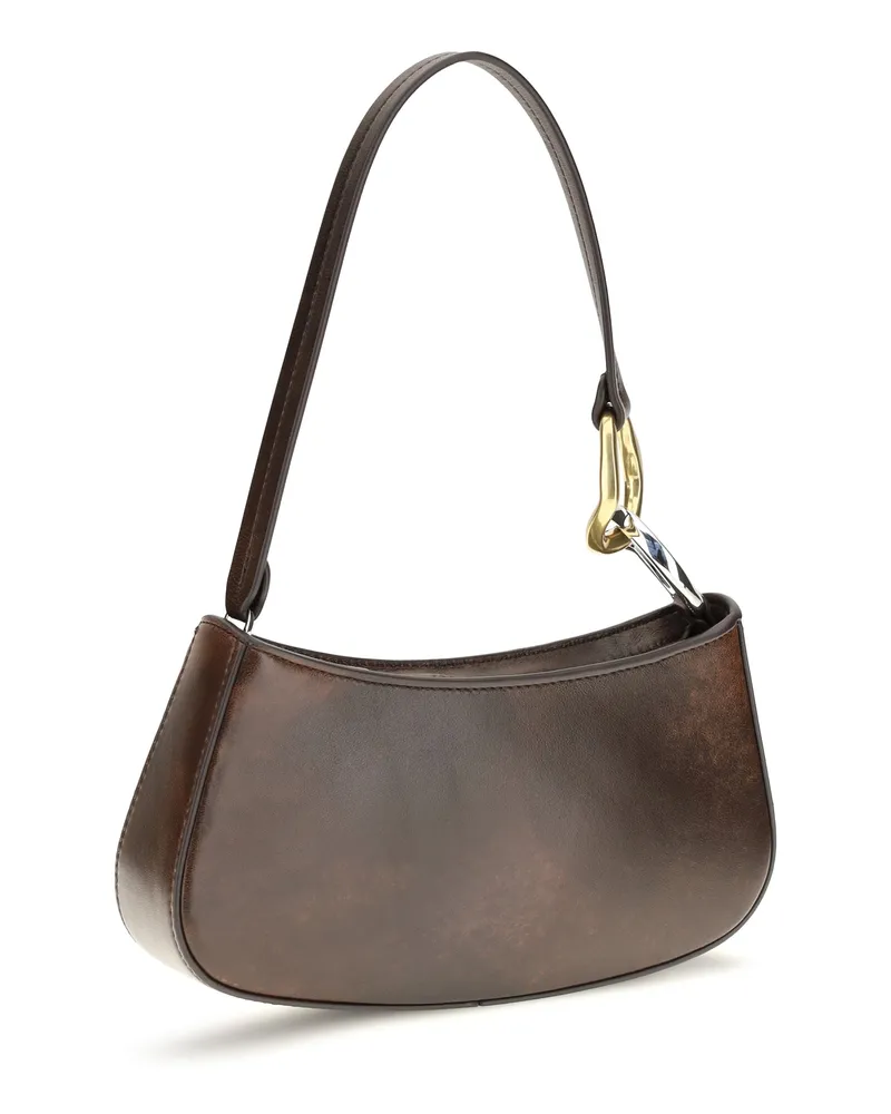 STAUD Women's Ollie Shoulder Bag Espresso Distressed Calf Leather Bos Taurus Brown