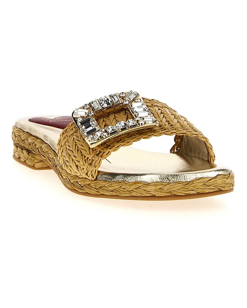 Roger Vivier Raffia with Jewel Buckle Sandals — Gold Gold