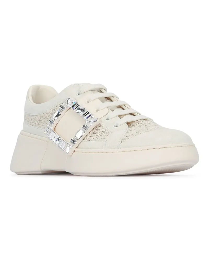 Roger Vivier Women's Viv Skate Strass Buckle Mesh Biancomarmo Leather - Sole: Rubber Sneaker White