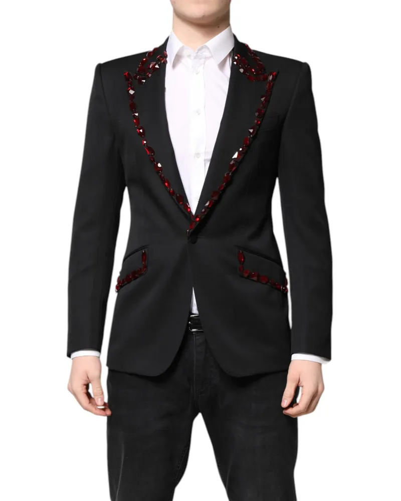 Dolce & Gabbana Men Black Sicilia Crystalembellished Coat Blazer Virgin Wool Silk Polyester Clothing Black