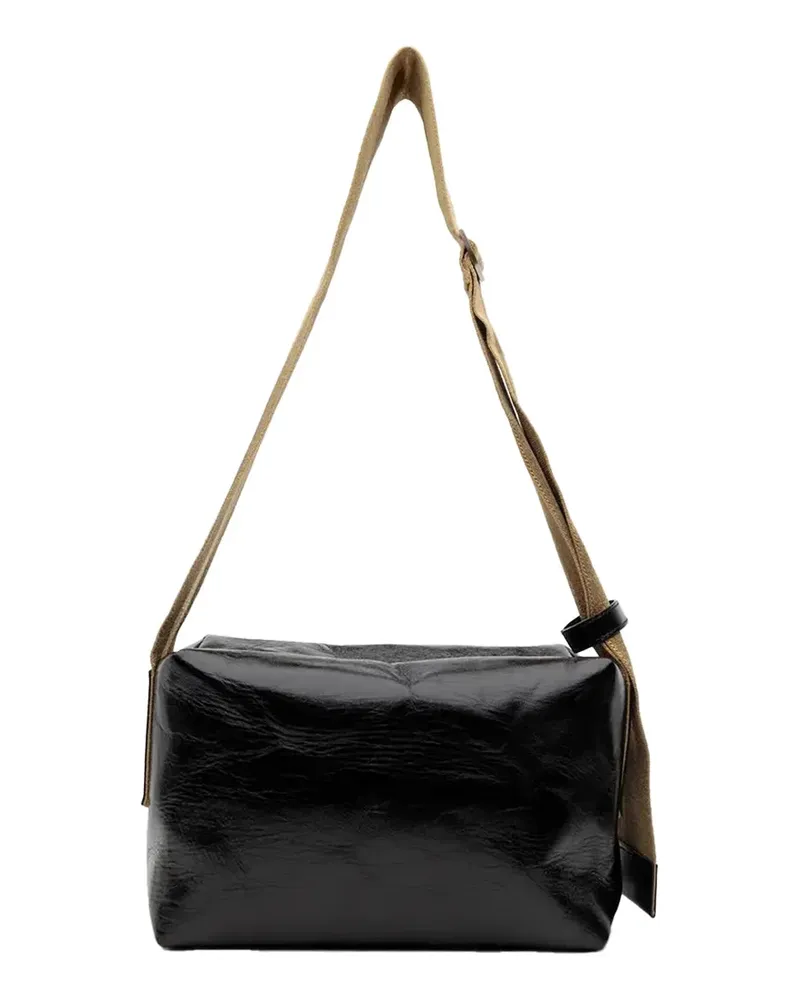 Uma Wang Textured Leather with Contrast Strap Shoulder Bag — Black Black