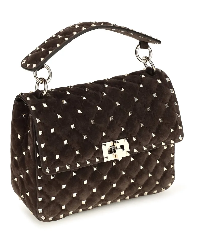 Valentino Garavani Women's Medium Rockstud Spike Suede Top Handle Bag Ebony Brown Calf Leather Bos Taurus Shoulder Brown