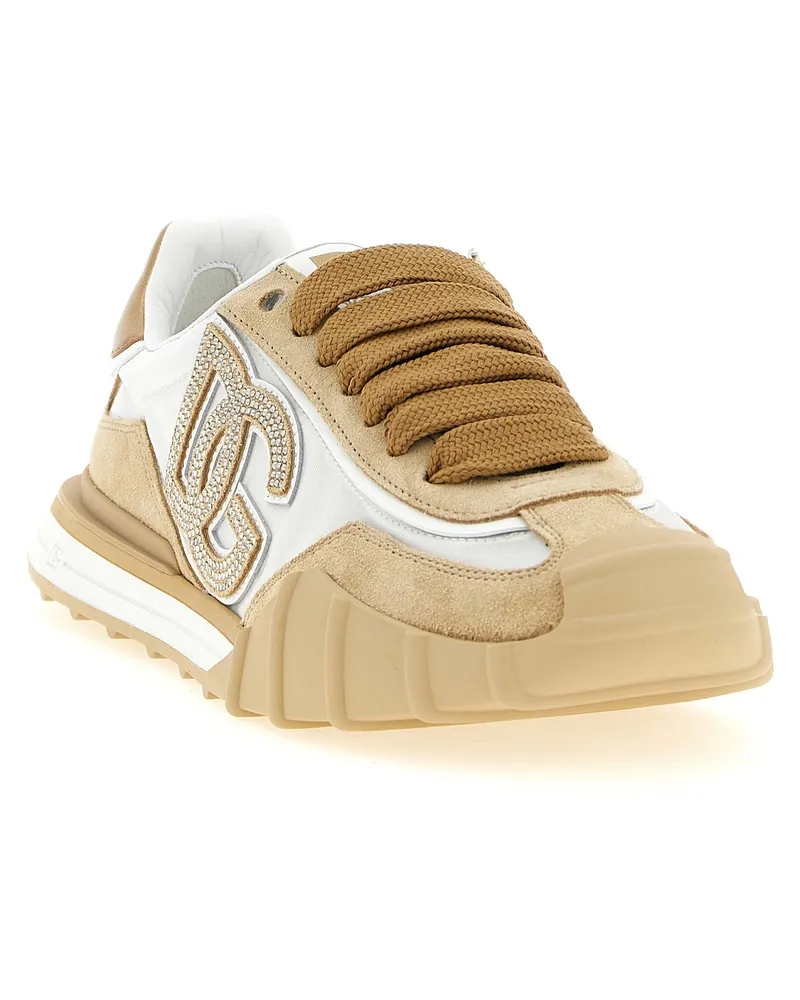 Dolce & Gabbana Suede and Canvas with Rhinestone Logo Sneaker — Beige Beige