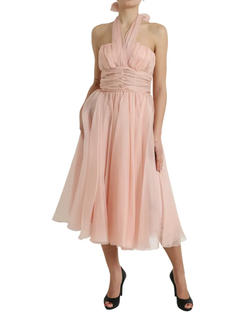 Dolce & Gabbana Women Pink Silk Chiffon Halter A-Line Pleated Midi Dress Pink