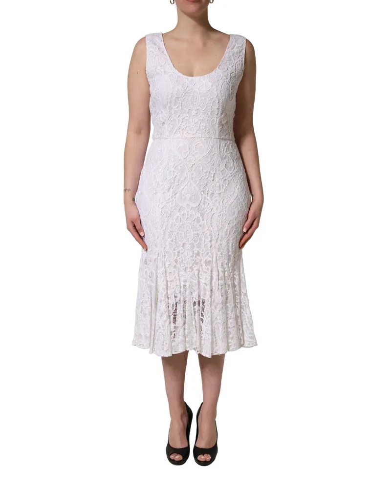 Dolce & Gabbana Women's White Floral Lace Sleeveless Midi Dress Viscose Nylon White